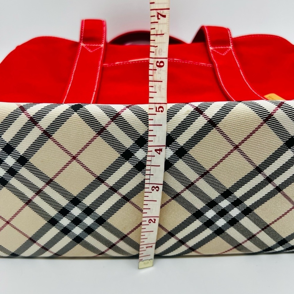 Burberry Red Canvas Tote with Plaid Accents and Top Zipper - Picture 7 of 16